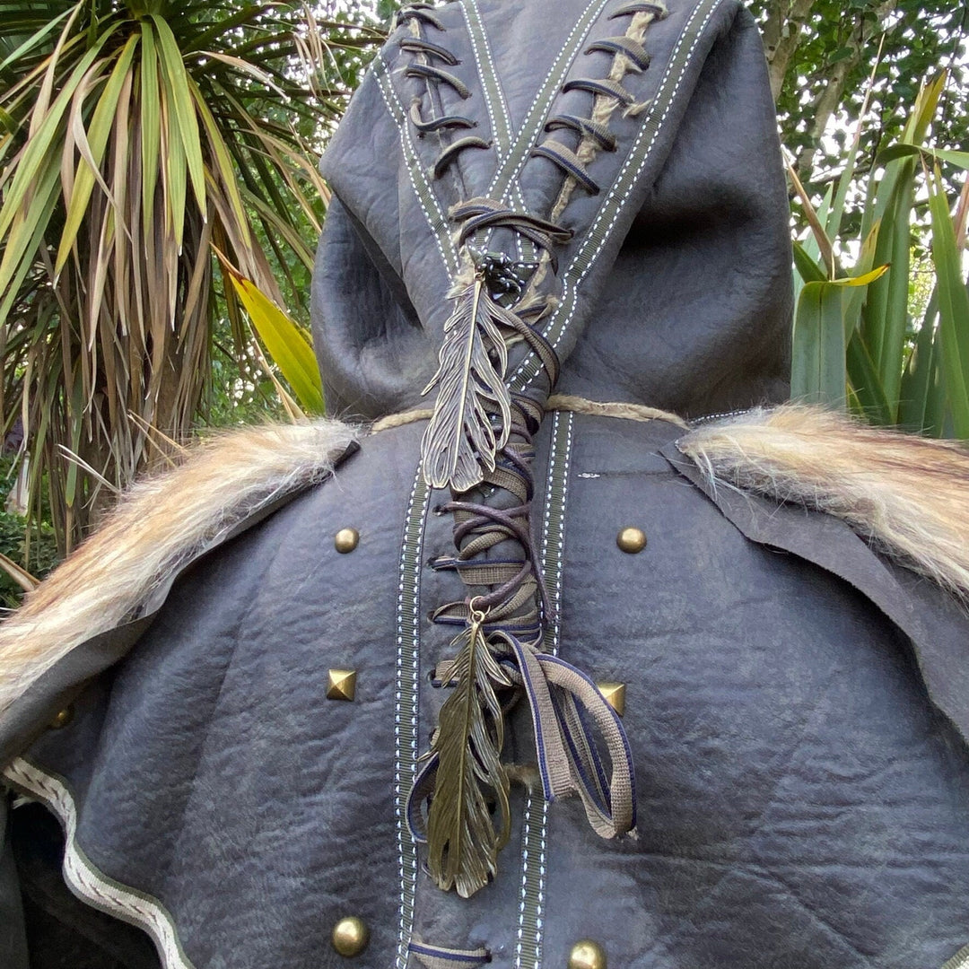 LARP hooded cloak with braided leather lacing and feather charms.