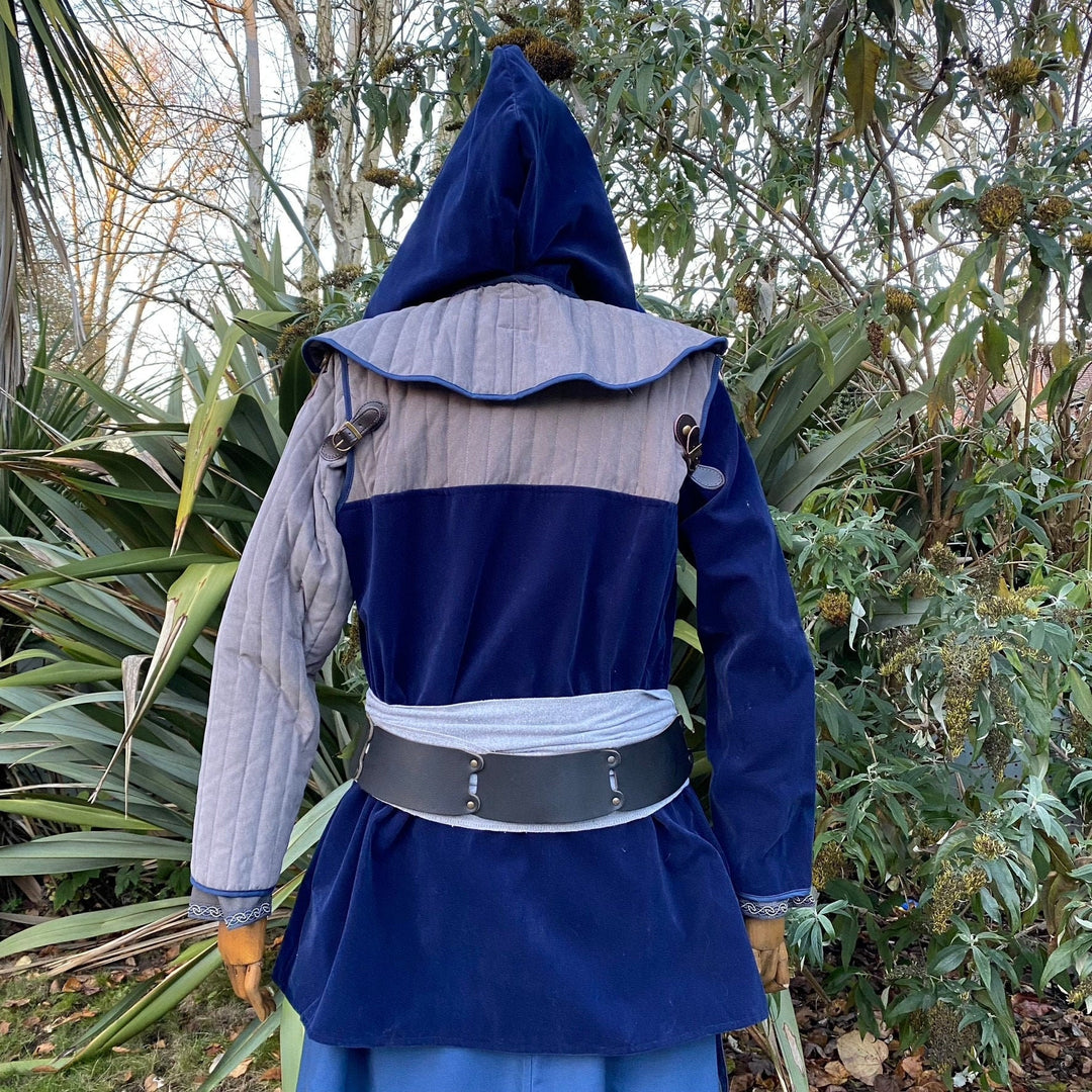 Back angle of azure medieval LARP gambeson with hood and belt details.