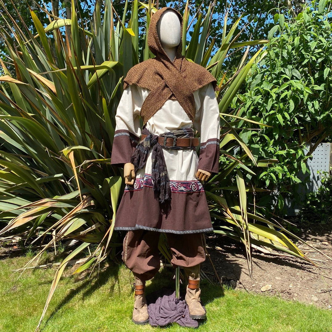 LARP medieval outfit on mannequin, brown hood crossed over cream tunic.