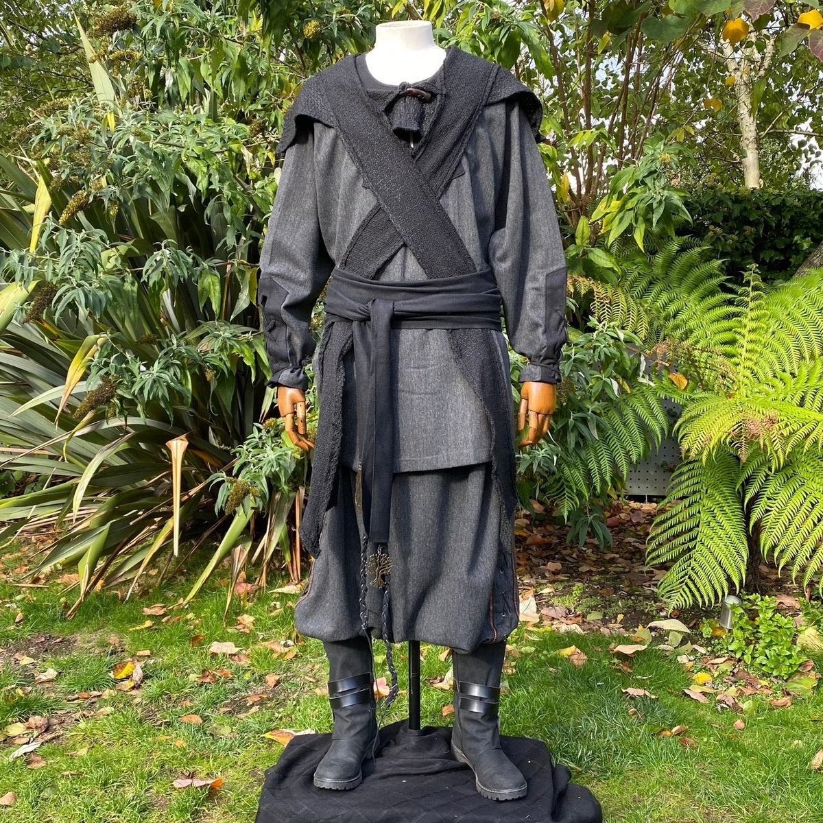 Medieval LARP black wool hood with crossbody view.