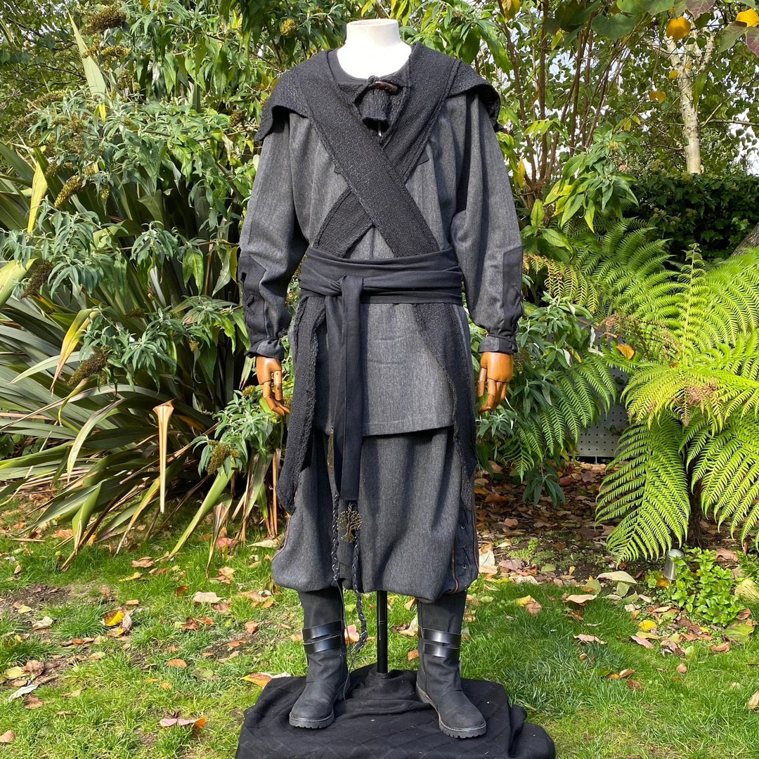 Medieval LARP black wool hood with crossbody view.