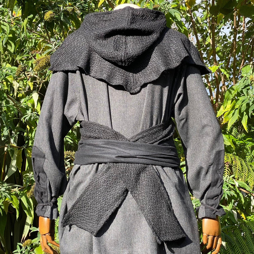 Black wool LARP hood, back view with wrap detail, medieval style.