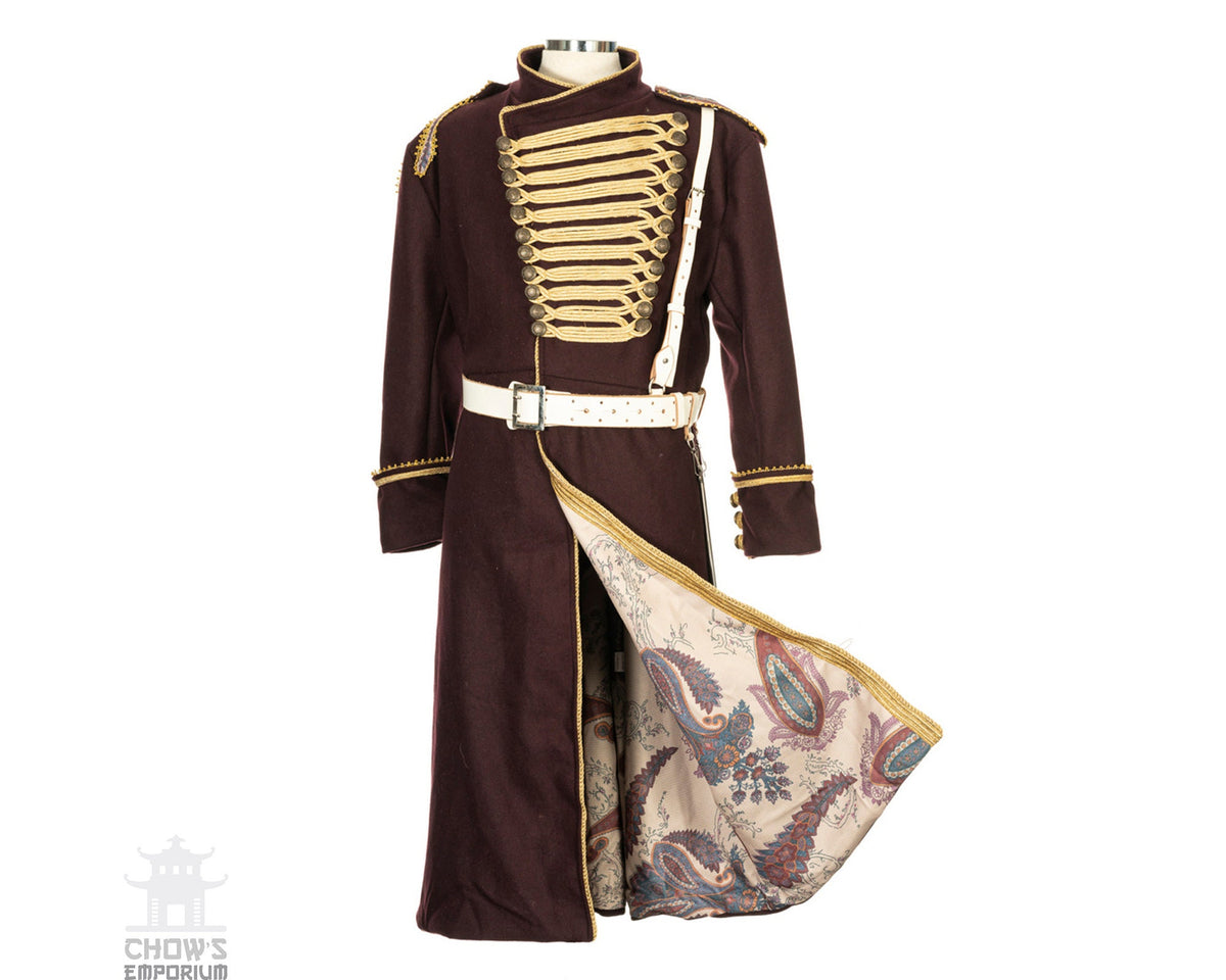 Dark red wool pirate coat with gold braiding and buttons for LARP and fantasy cosplay.