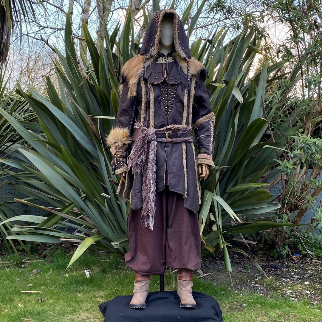 Hooded brown Viking LARP coat with fur trim and metal studs front view.