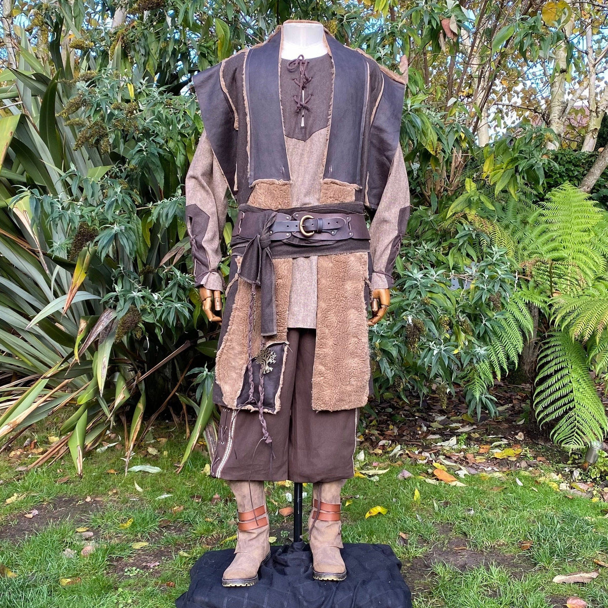 Viking LARP waistcoat front view, earthy tones, layered over tunic and belt.