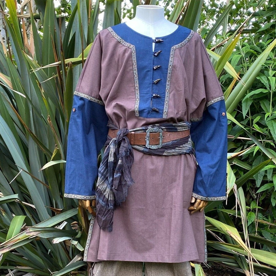Viking tunic in brown and blue with buttons for Ren faire costume.