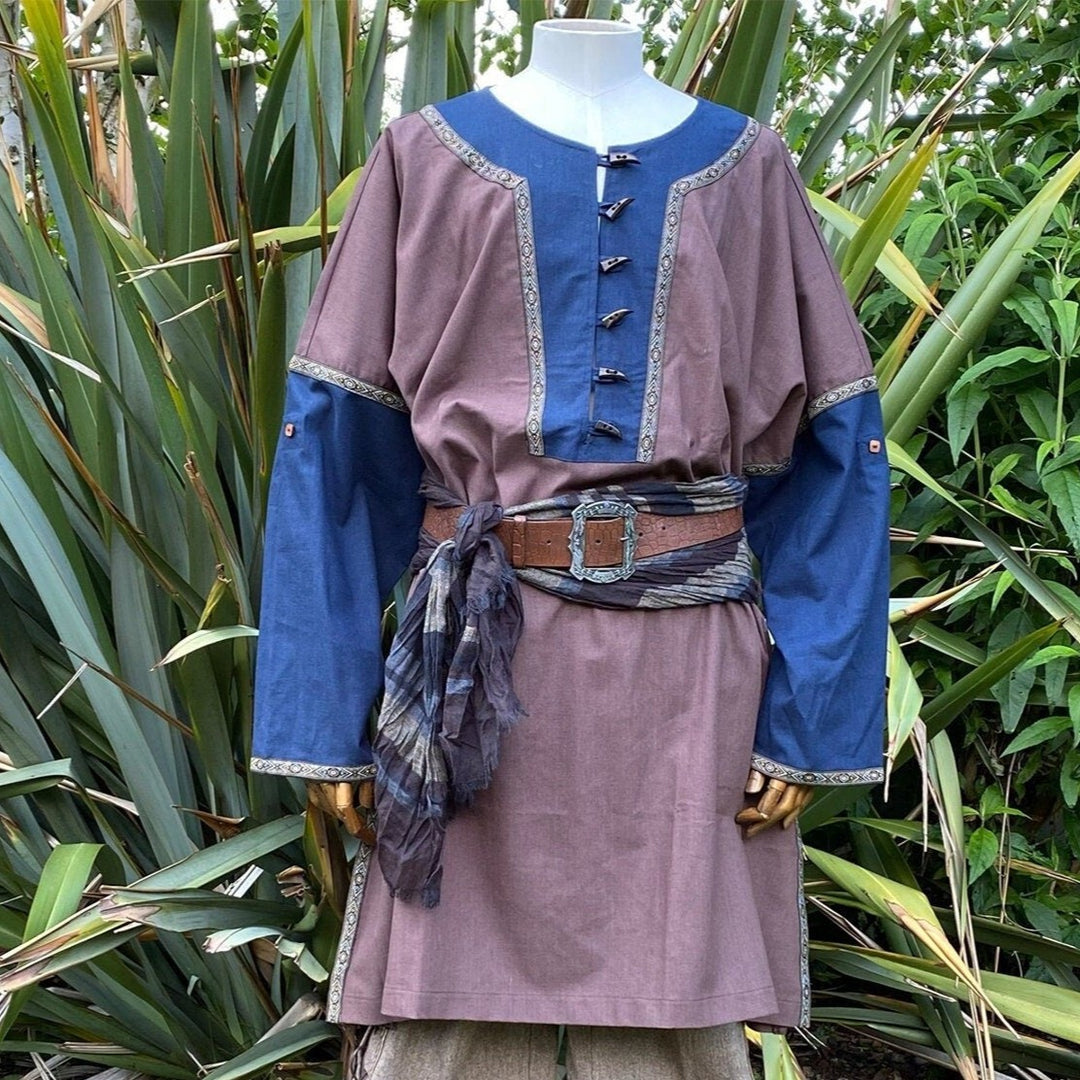 Viking tunic in brown and blue with buttons for Ren faire costume.