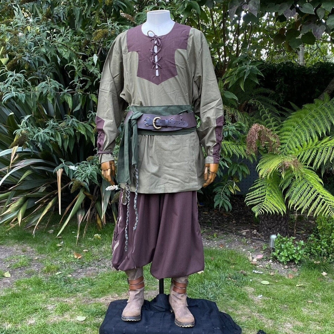 unisex green and brown Viking shirt for medieval events.
