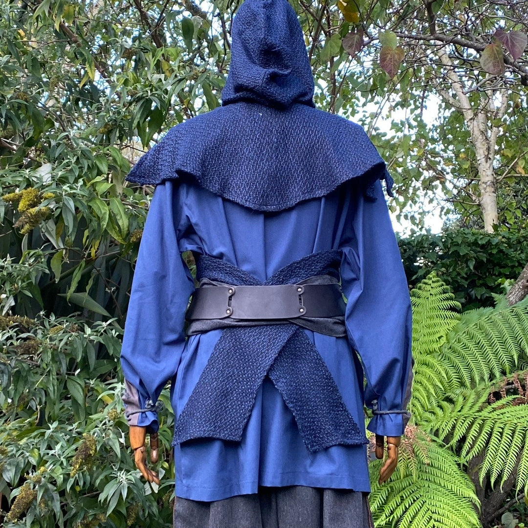Blue LARP outfit rear view with hooded cloak and leather sash.