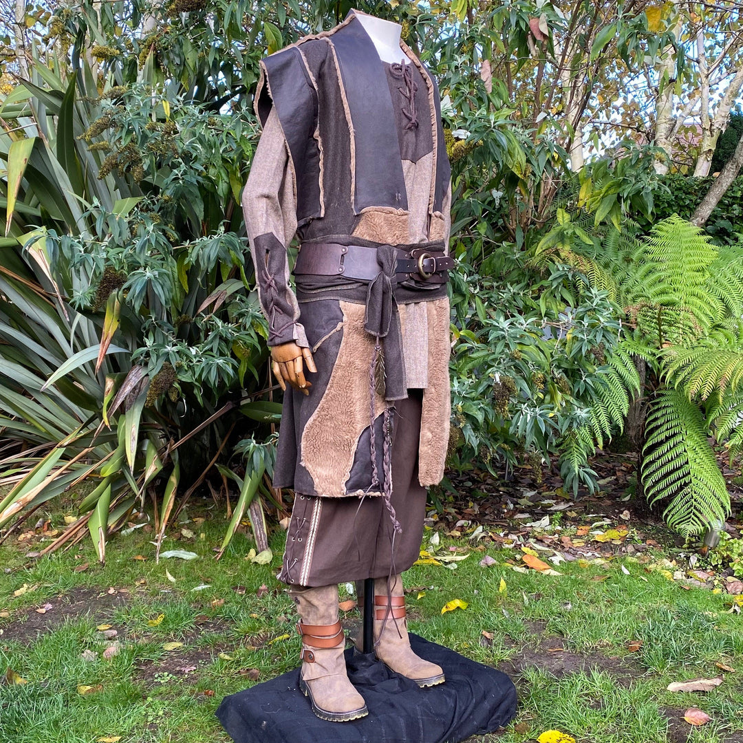 Viking waistcoat over tunic; side view with leather belt in LARP setting.