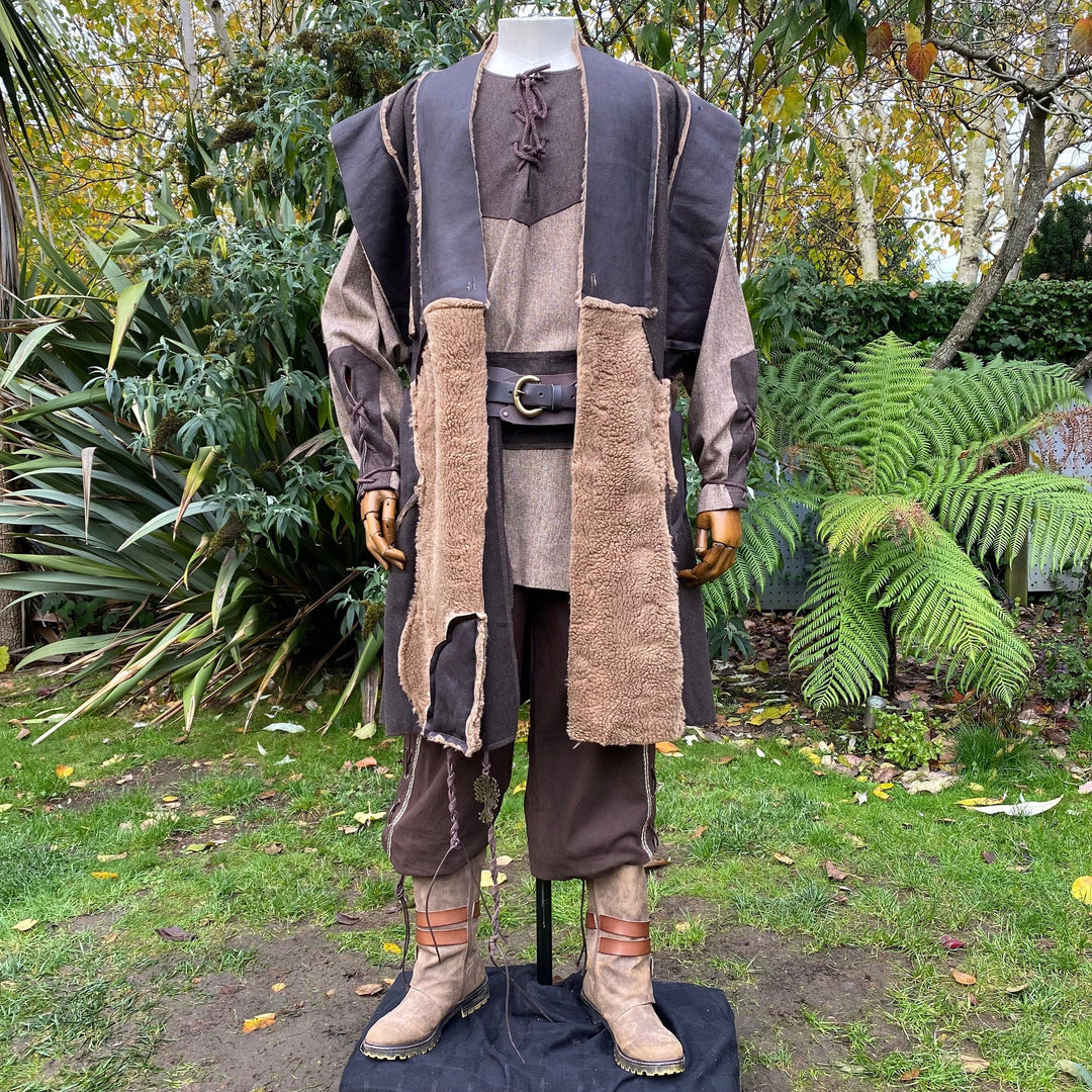 Front view LARP Viking waistcoat, layered with brown and fleece details.