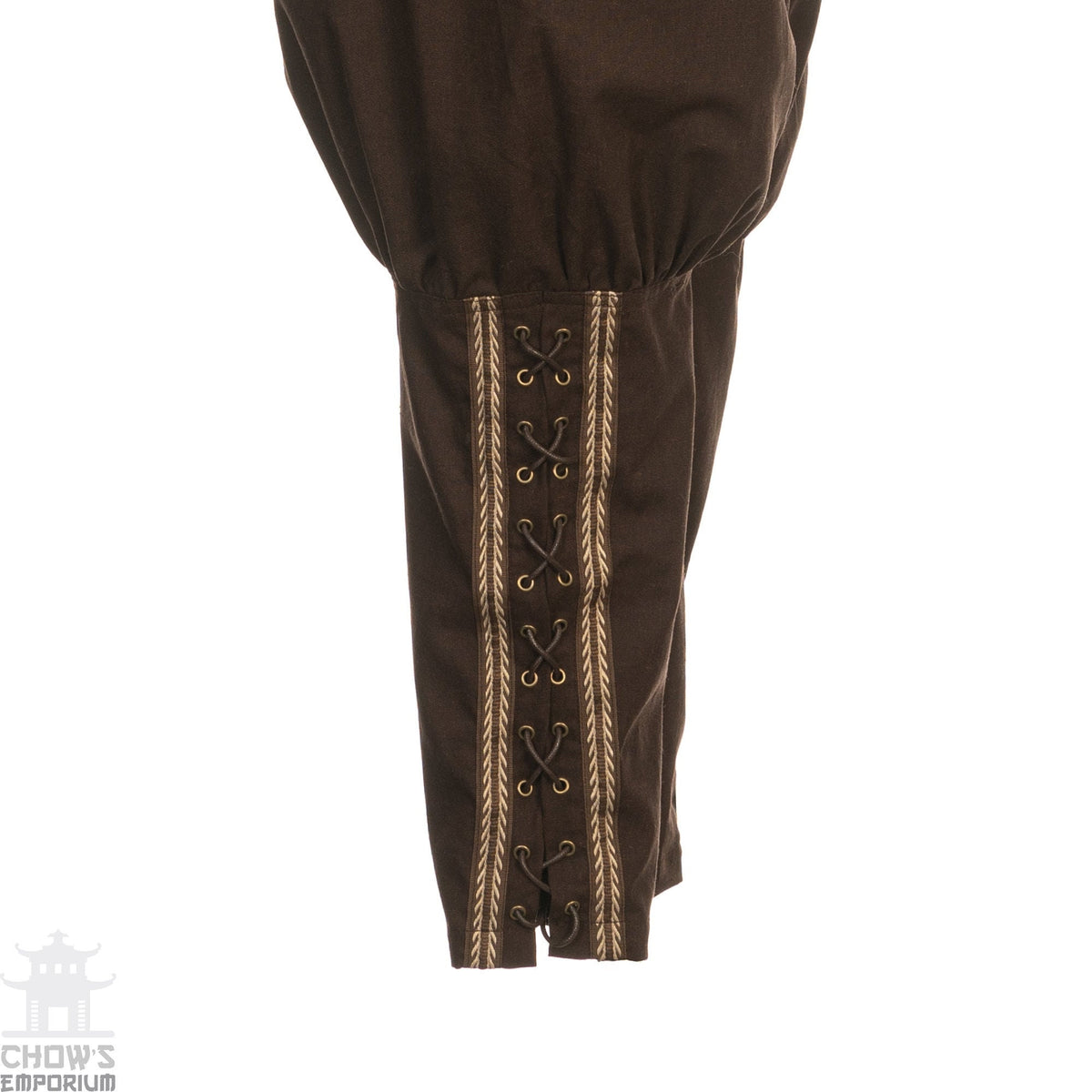side lace braiding detail on brown medieval trousers.
