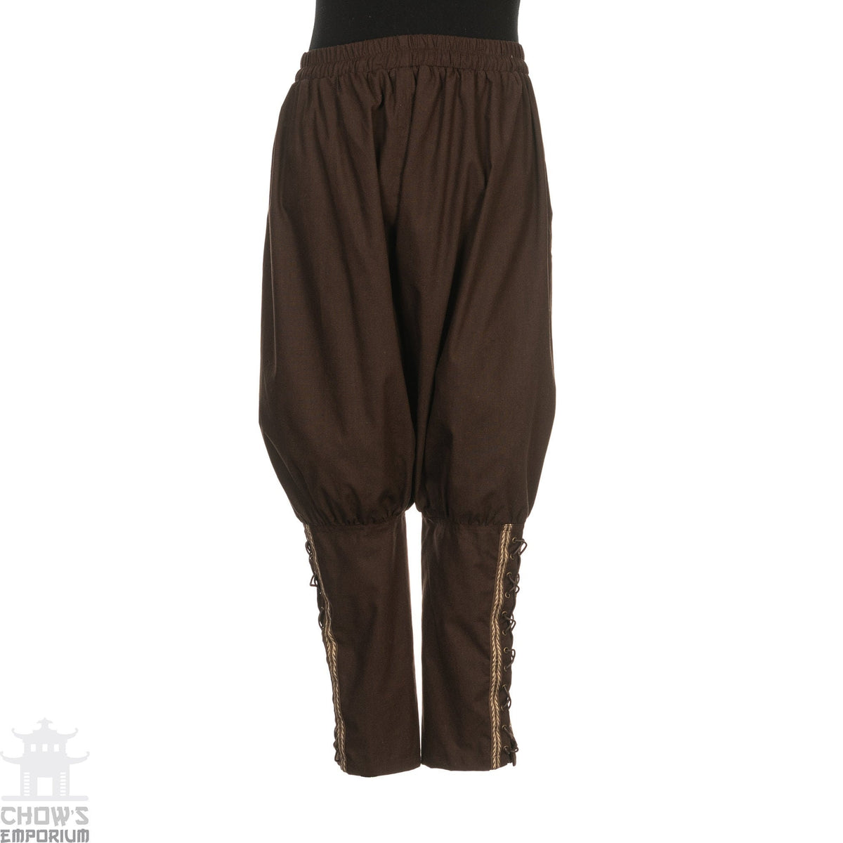 Brown LARP medieval pants with side braiding, front view.