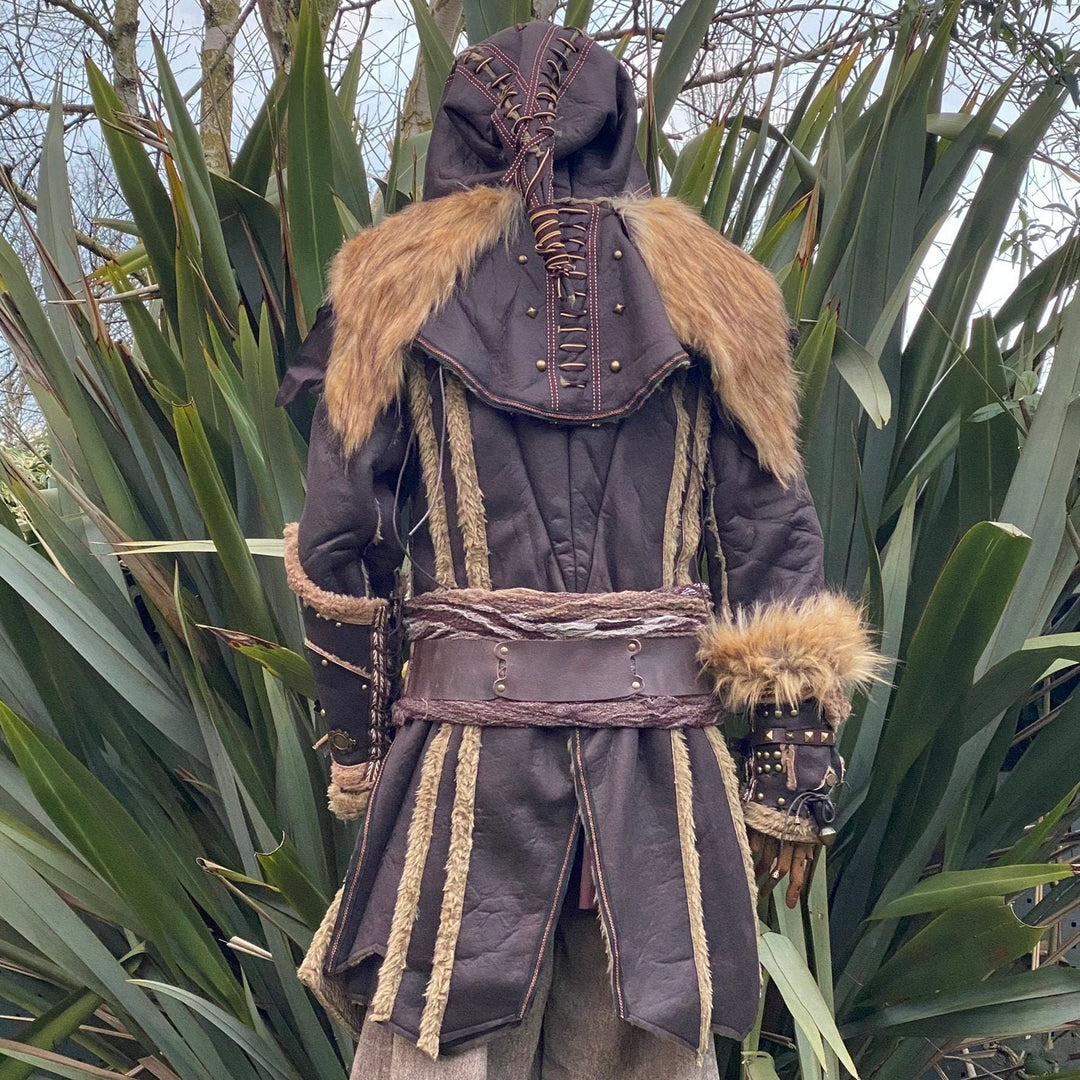 Back view of LARP costume with fur accents and detailed laced hood.