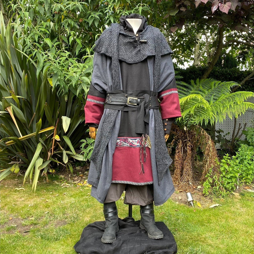 LARP medieval mage set with layered cloak and red tunic.