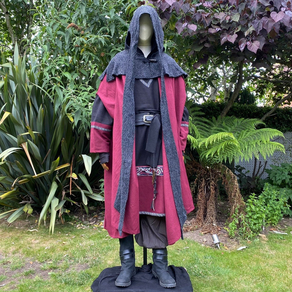 Medieval LARP red cloak and grey hood, full front.