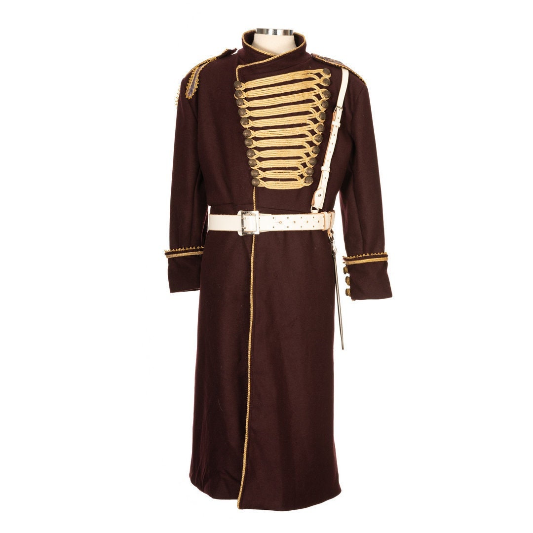Full-length view of dark red pirate coat styled for LARP.