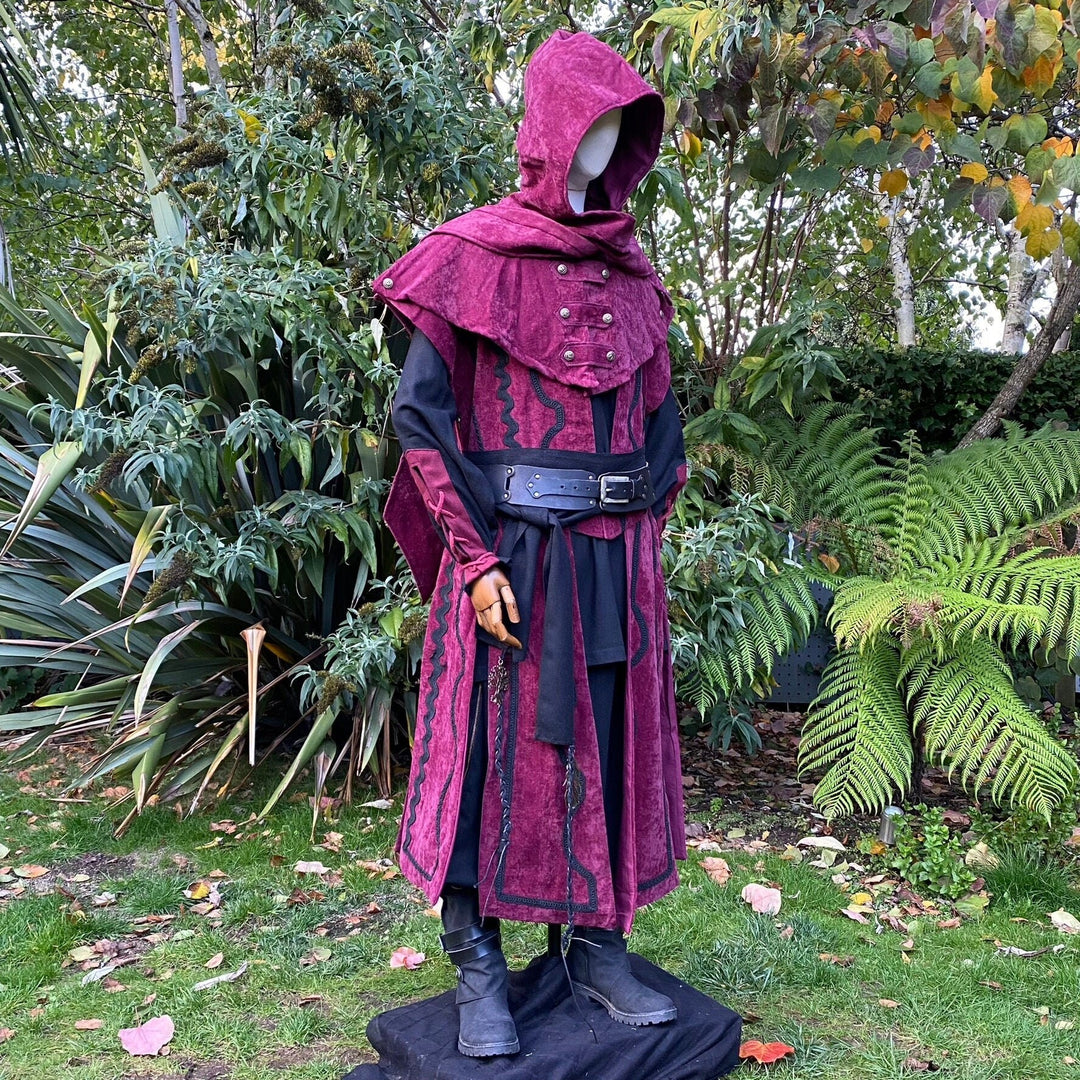 Medieval LARP red hood with detailed buttons.
