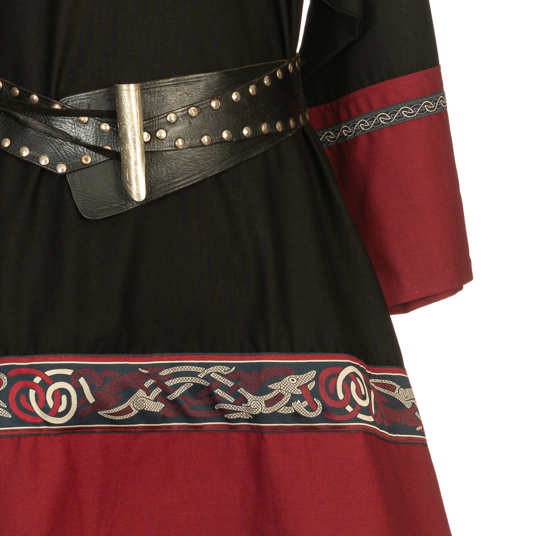 Black red Viking tunic detail, embroidered trim, leather belt for LARP events.