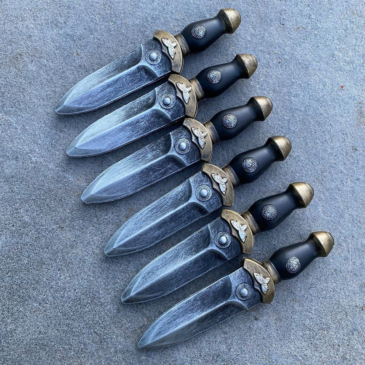 Set of 6 LARP medieval foam daggers with ornate handles, pewter blades.