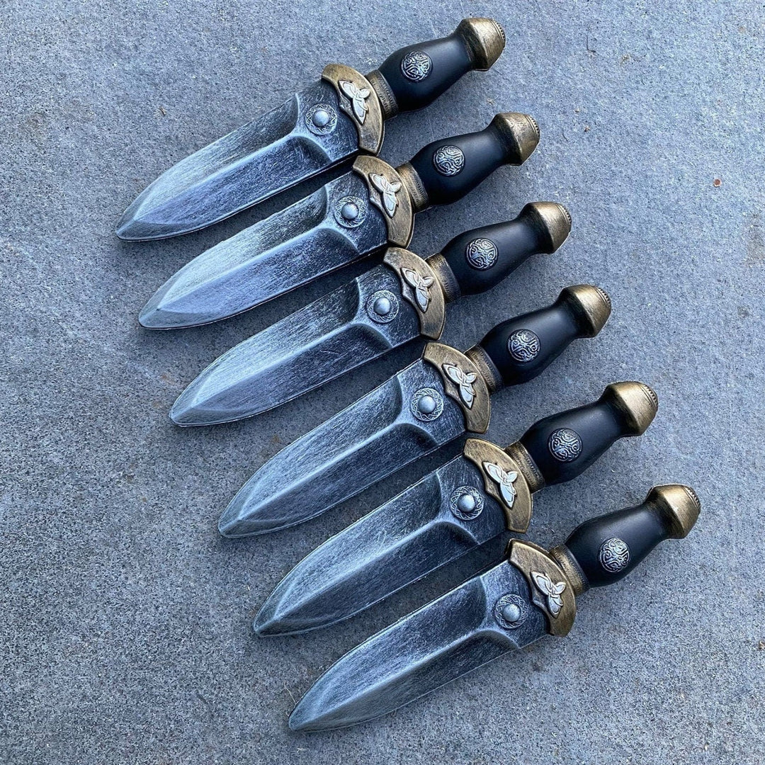Set of 6 LARP medieval foam daggers with ornate handles, pewter blades.