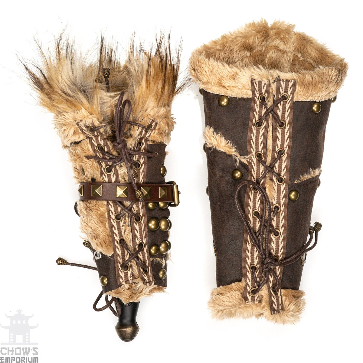 Brown faux leather vambraces with fur trim, laced for LARP.