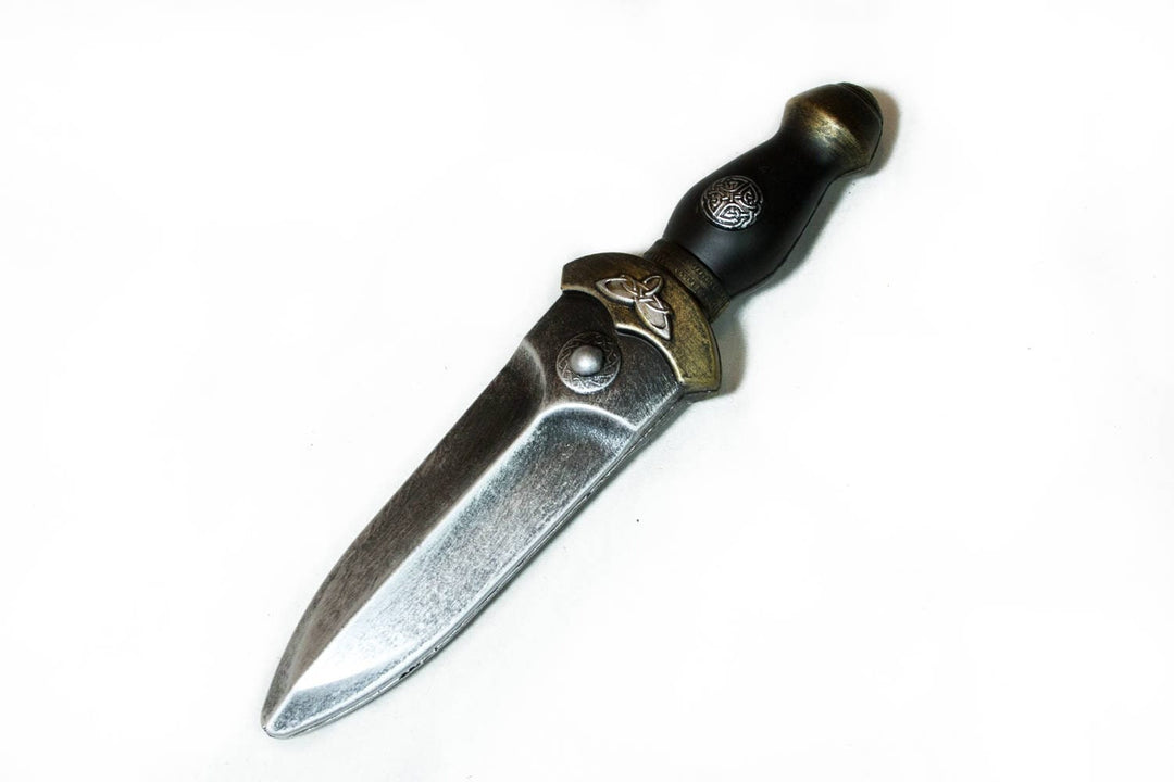 Medieval LARP foam dagger, pewter finish with ornate handle design, angled view.
