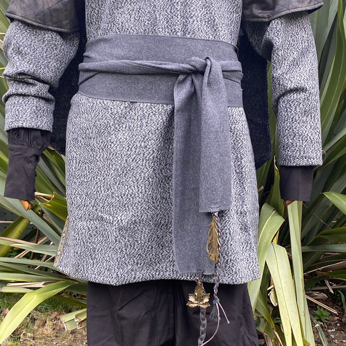 Dark grey wool sash with leaf accents, medieval style for LARP activities.