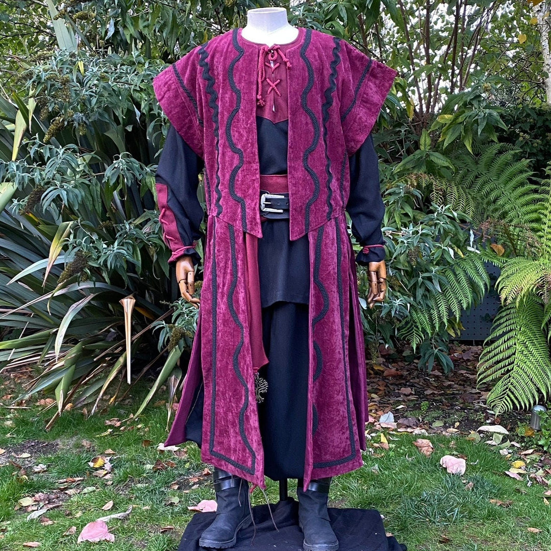 Medieval LARP waistcoat with red panels and intricate braiding.