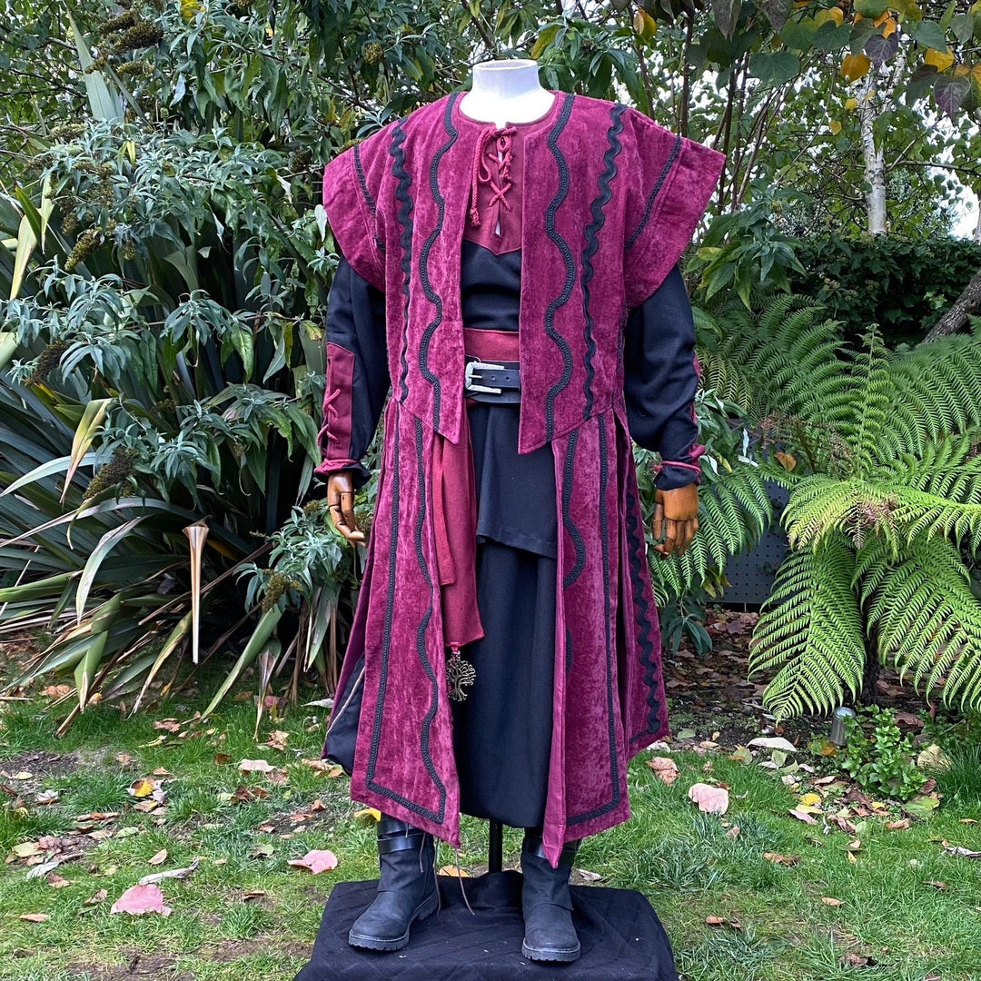 LARP red waistcoat with wavy black trim, displayed.