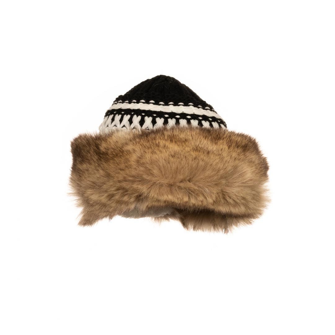 Black wool hat with pattern, faux fur trim, front angle, medieval-style LARP.