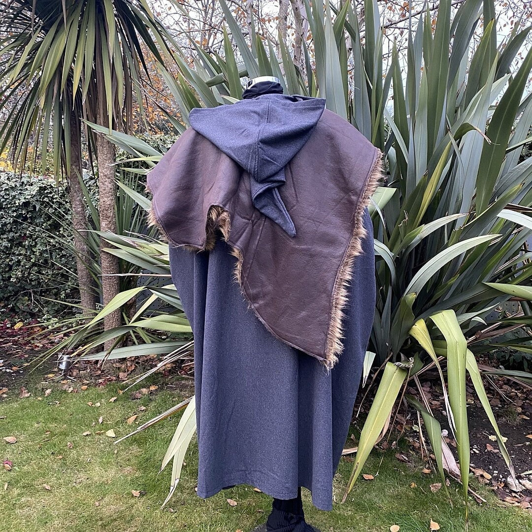 Back view of grey wool Viking cloak with brown mantle.