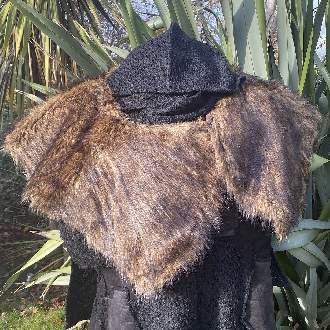 Back view of Viking cloak with brown faux fur mantle for medieval LARP.