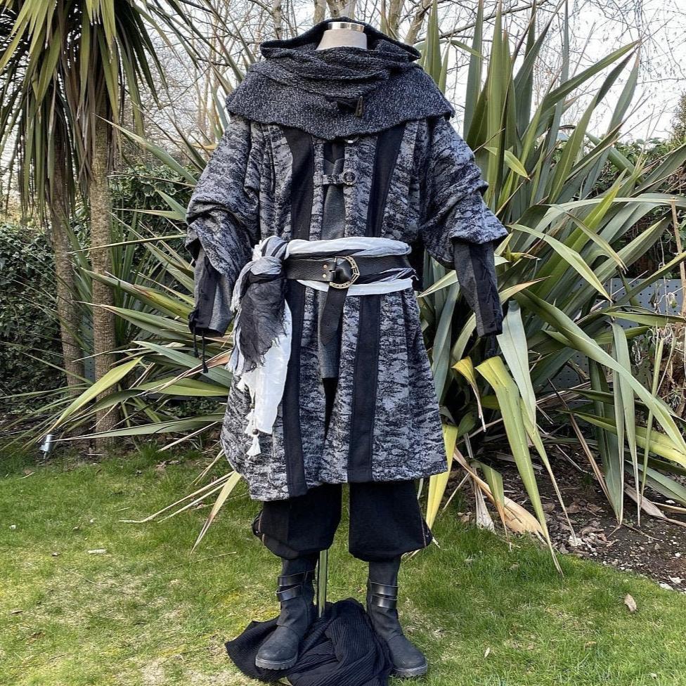 Medieval LARP costume front view, featuring grey and black hooded robe, wool hood, shirt and.