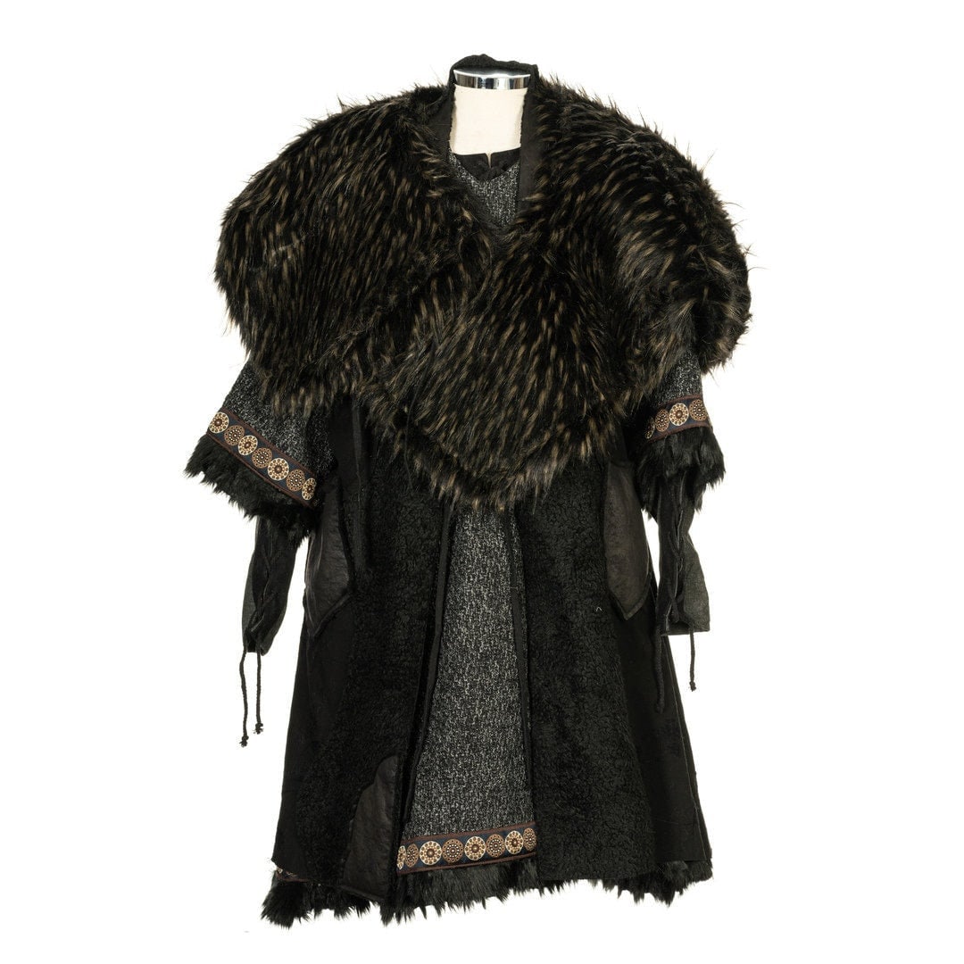 Medieval LARP fur mantle with ornate sleeve trim, front view.