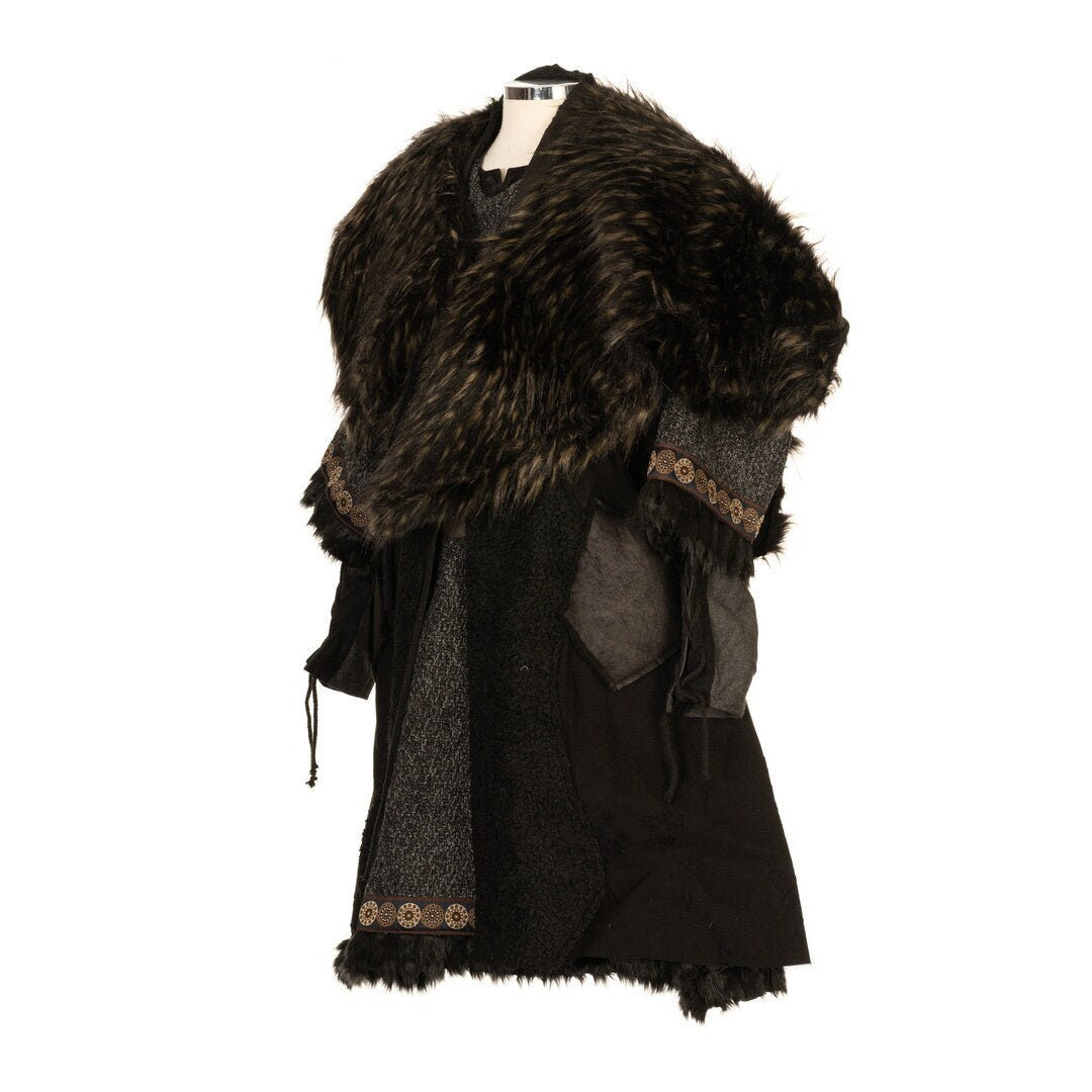 LARP shoulder cape with ornate trim, faux fur mantle draped sideways.