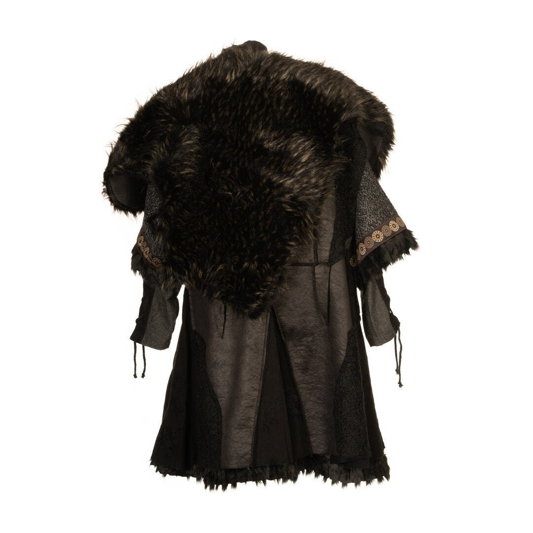 LARP medieval black-brown fur mantle draped over detailed garment back.