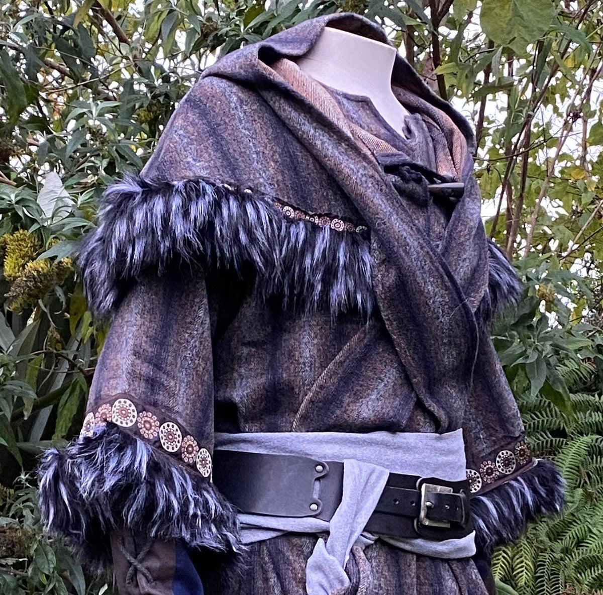 LARP medieval mohair hood with ornate trim and faux fur, side.