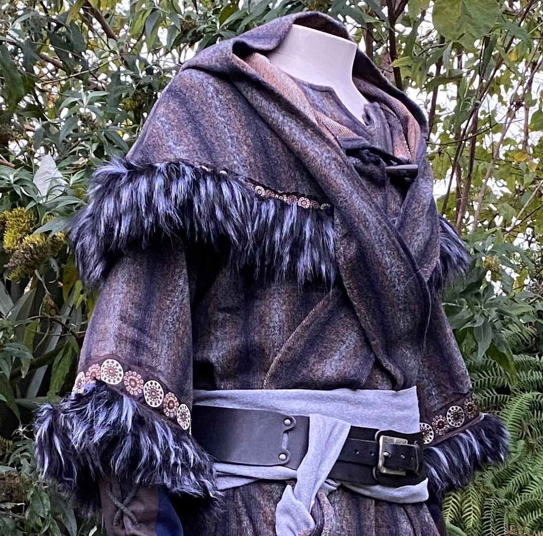 LARP medieval mohair hood with ornate trim and faux fur, side.