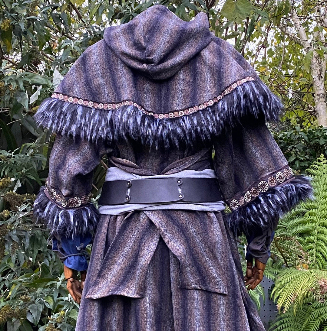 Back view of blue-grey LARP mohair hood, faux fur trim and ornate belt detailing.