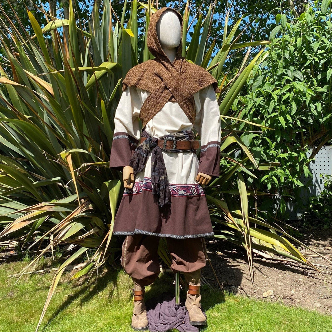 Mannequin in LARP tunic with crossed hood detail.