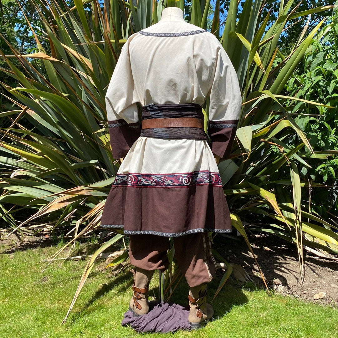 Back view of LARP medieval outfit with detailed trim, hood, and belt.