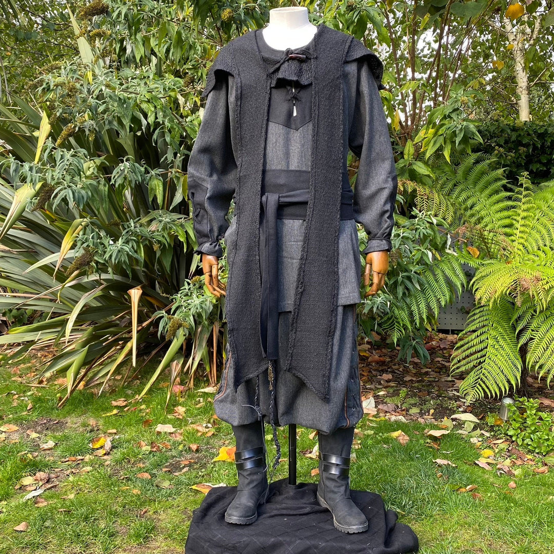 Medieval LARP hood drapes over mannequin.