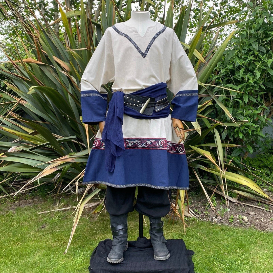 Mannequin in LARP tunic with blue belt.