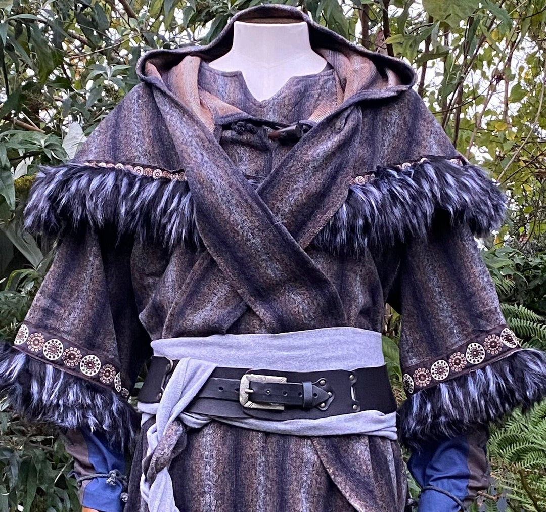 Blue-grey LARP mohair hood with faux fur and decorative trim, frontal view.