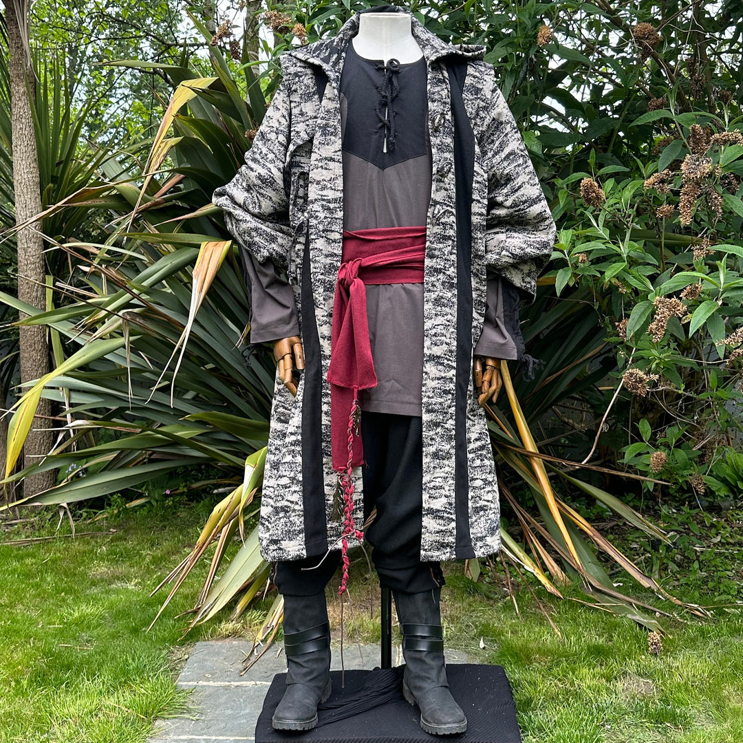 Battle Mage LARP costume, grey robe, black shirt, red sash.