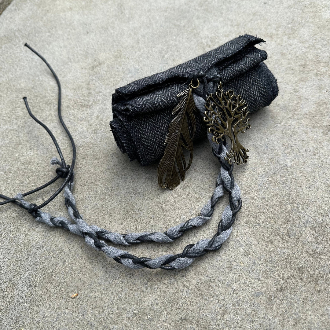 Medieval LARP sash in herringbone wool with tree and feather charms.