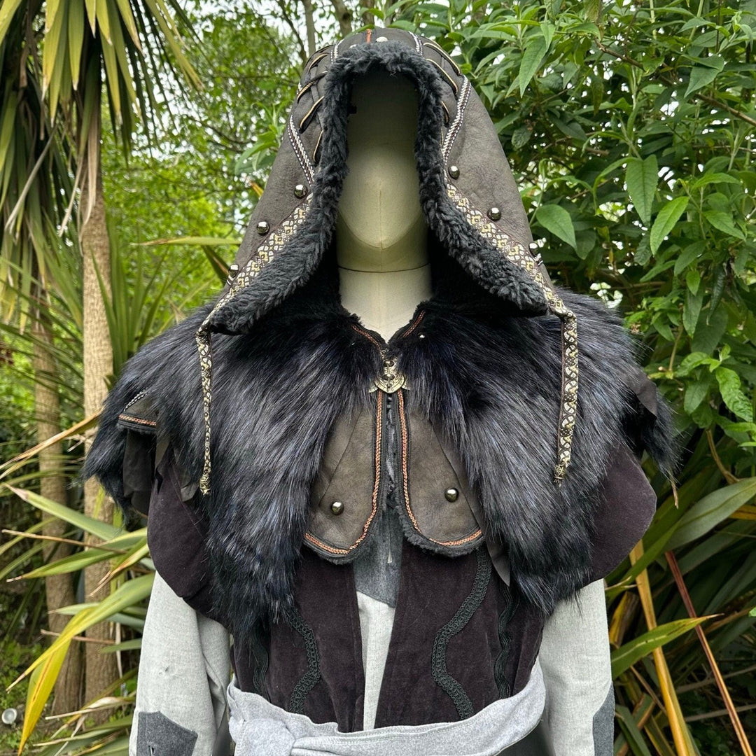 Black LARP hood with fur trim, frontal view.