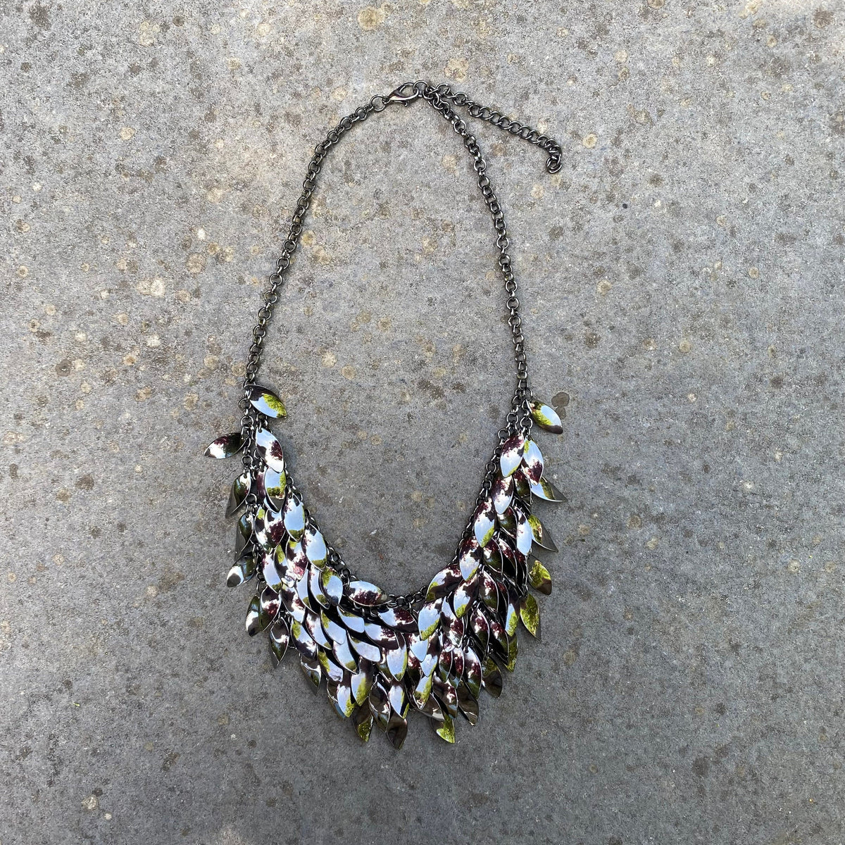 Layered leaf chainmail necklace on stone background for LARP.