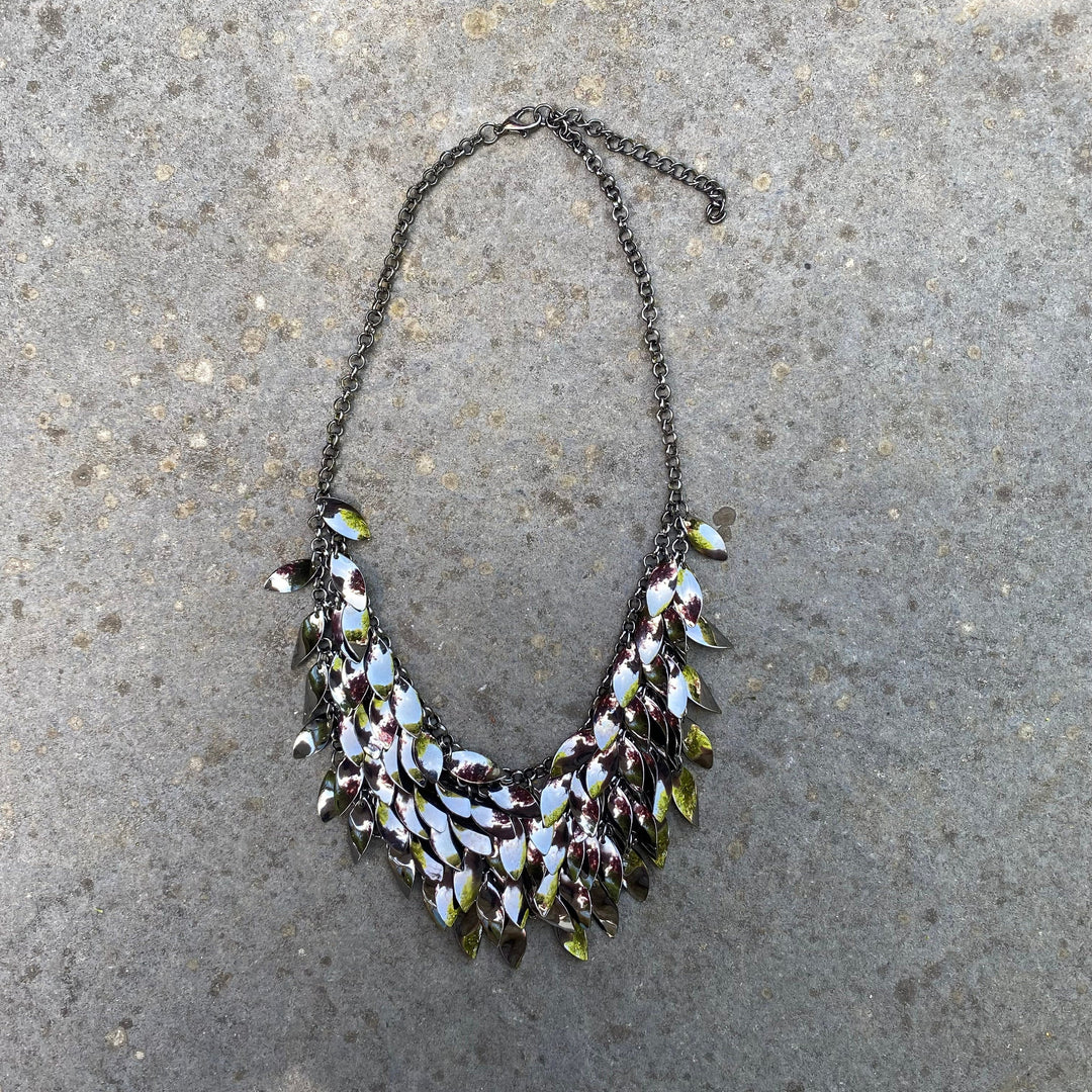 Layered leaf chainmail necklace on stone background for LARP.
